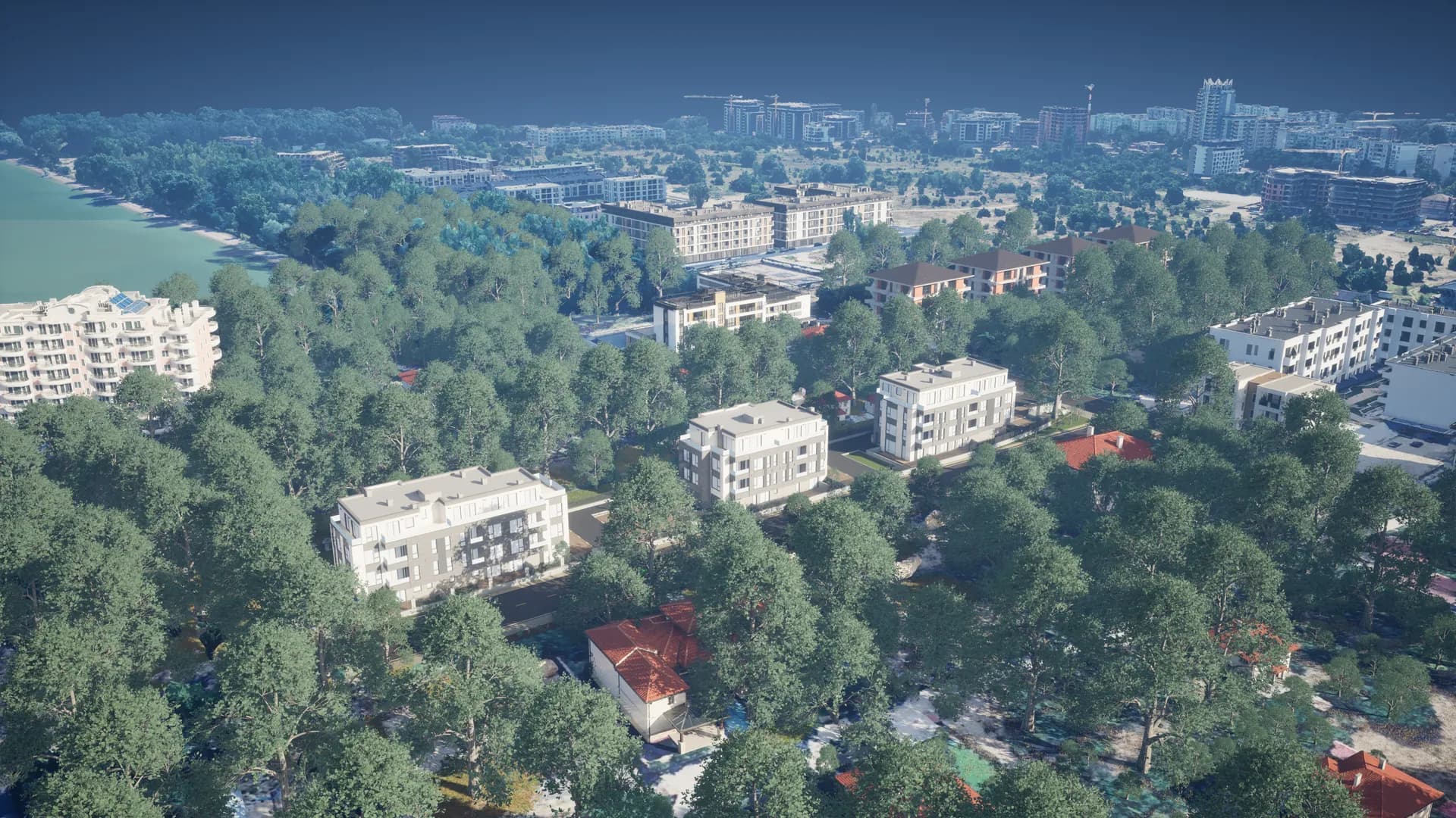 Aerial view of the Altura demo development: three apartment buildings among trees